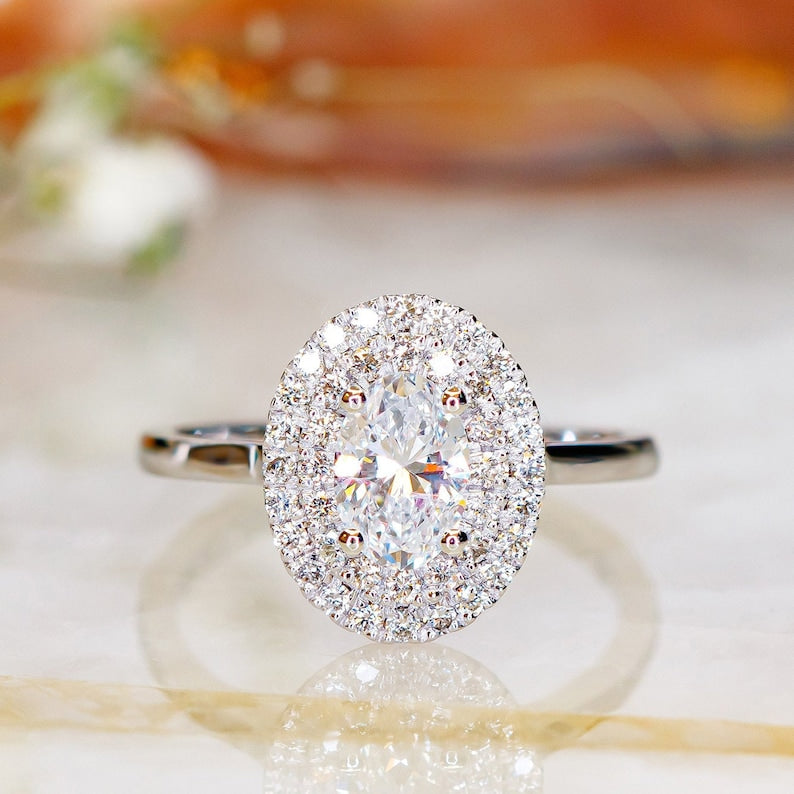 0.70 CT Oval Double Halo E/VS2 Diamond Engagement Ring